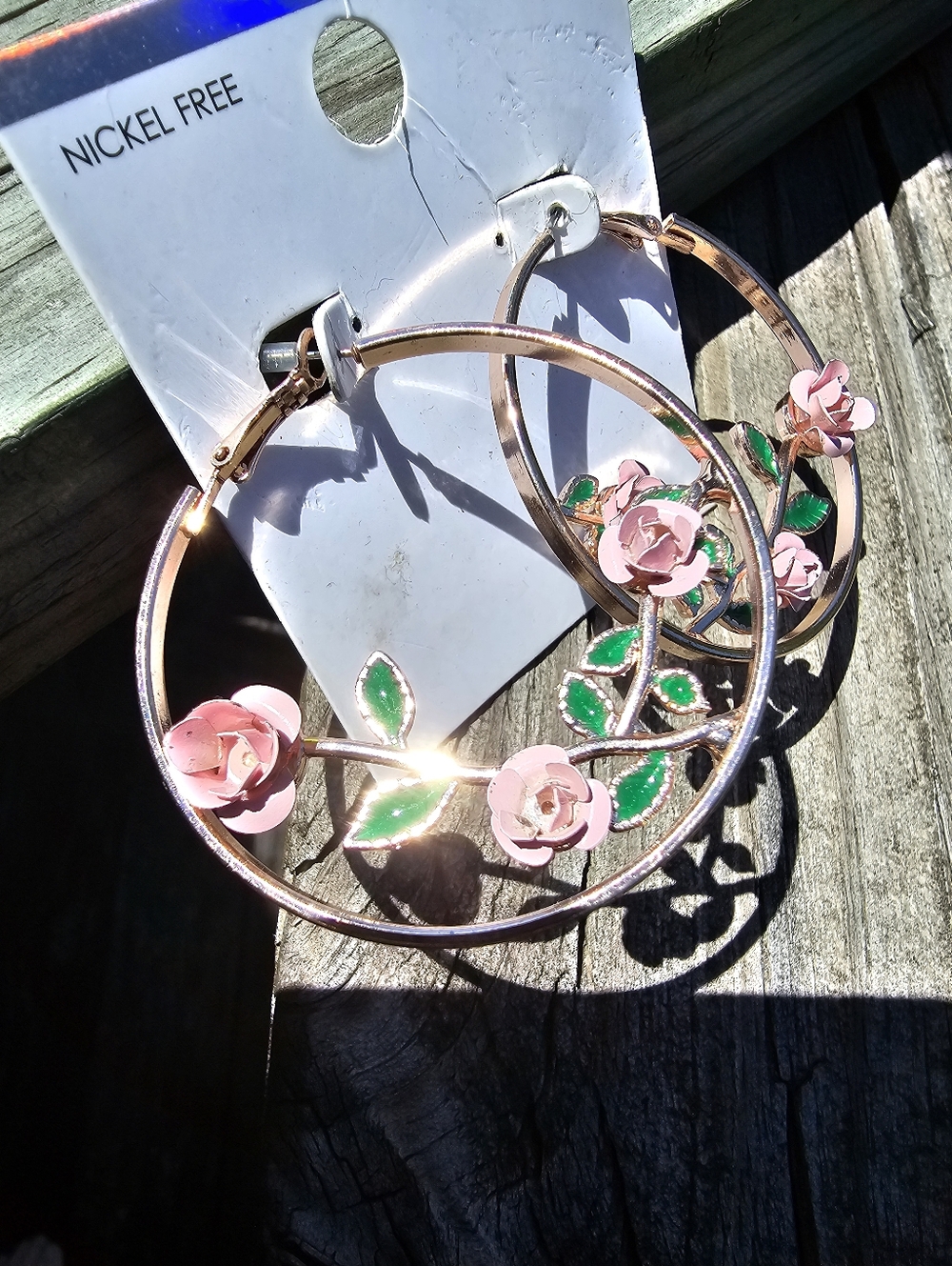 Rose Gold Floral Hoop Earrings Pink Rose Green Leaf Nickel Free NWT - Picture 10 of 10